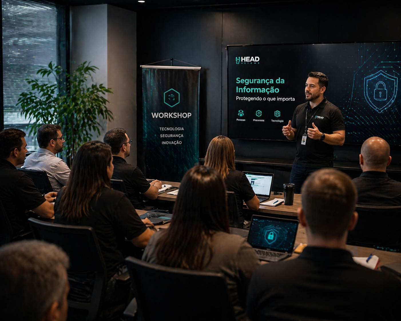 Ilustração de workshop corporativo em tecnologia e segurança da informação